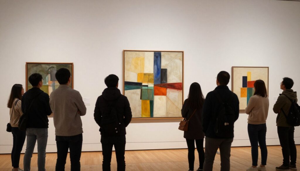 ludzie oglądający abstract paintings w galerii sztuki nowoczesnej